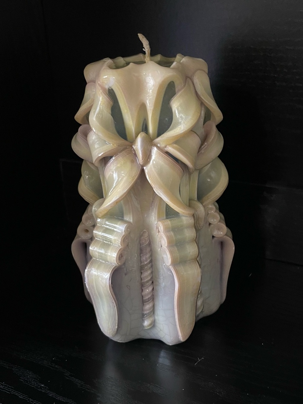 The Chandlery Hand-Carved Layered Ribbon Decorative Candle Pale Green & Cream